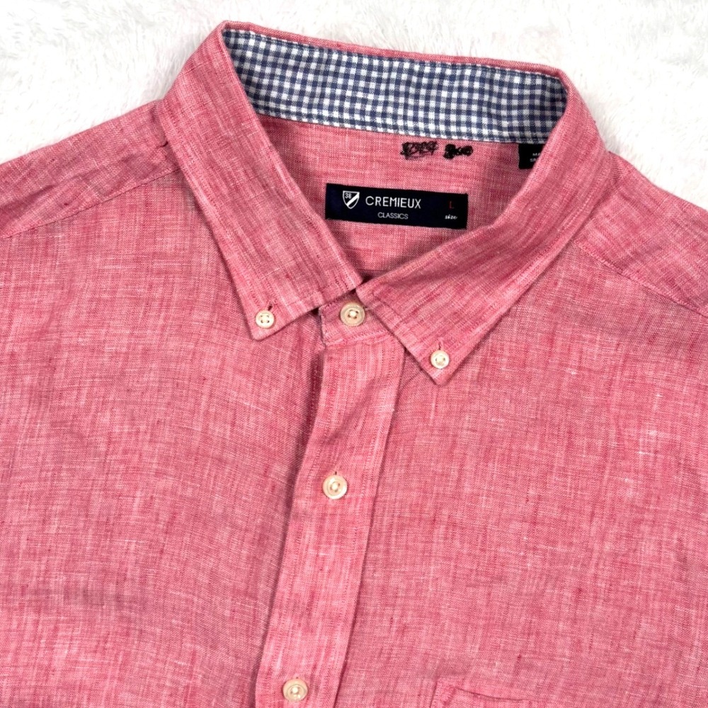 Cremieux Classics Shirt Men L Red Chambray 100% Linen Short Sleeve Pocket Preppy